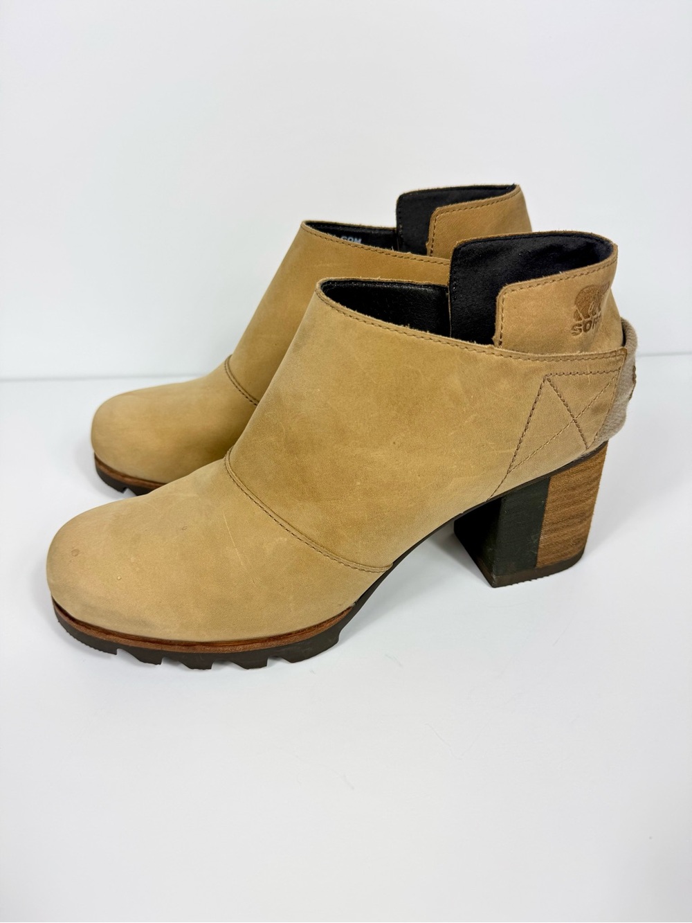 Sorel Addington Strap Block Heel Beige Tan Bootie boots